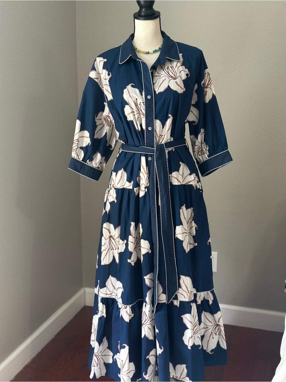 entro Navy Maxi Shirt Dress with White Floral Print and Self-Tie Belt